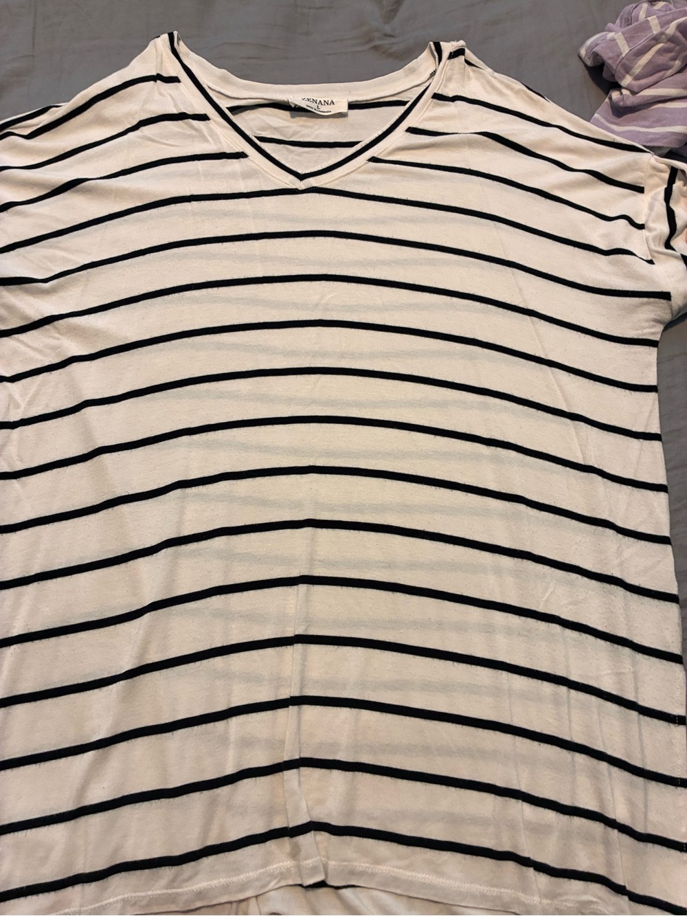 Zenana Outfitters White V-Neck Top with Black Stripes